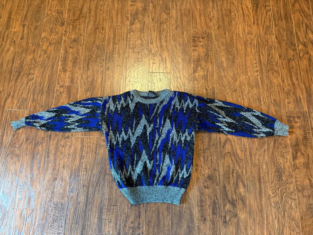 Vintage Spettro Blue Black Gray Abstract Zig Zag Sweater - Size M 20x24 (SG58)